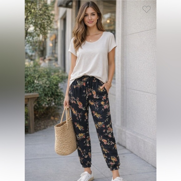 Pants - B27 Floral Print Women's Jogger Pants Black NEW